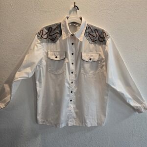 Vintage JEZ California Western Shirt White Denim Yoke Embroidered Studded...